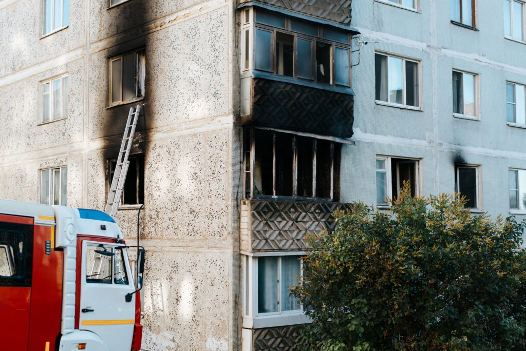 fire in multi-story apartment building